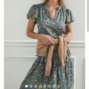 Anthropologie Penrose Tiered Tunic Dress GUACAMOLE Green Blue Puff Sleeve Sz XSP